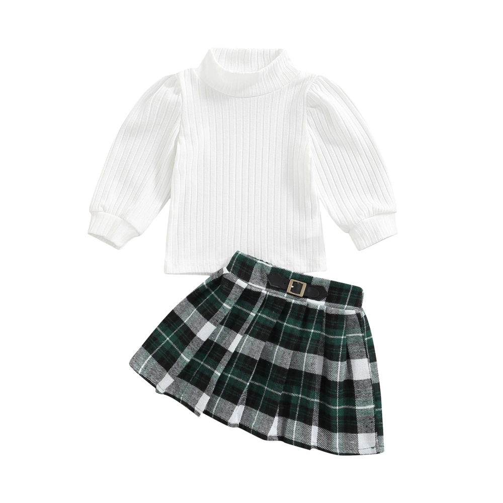 Kids Solid Color High Collar Long Sleeve Tops+ Plaid Pleated Skirt