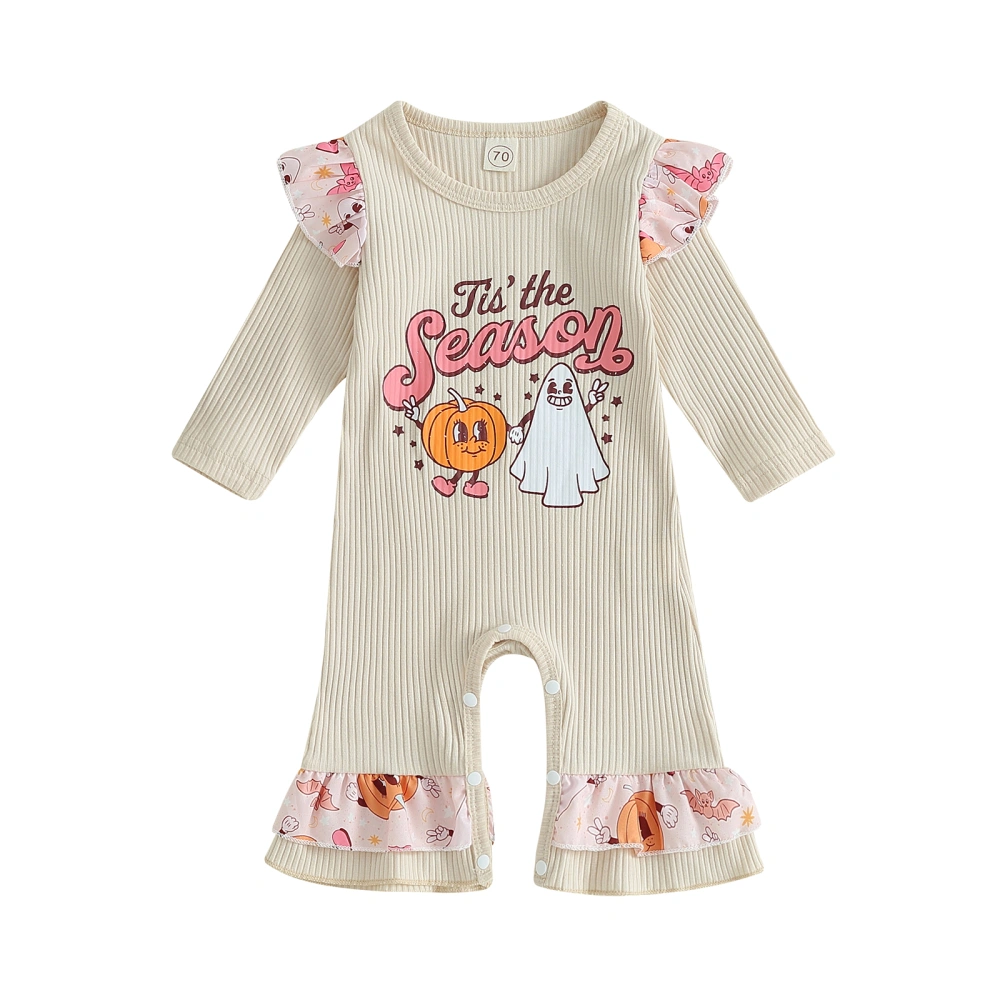 Baby Girls Long Sleeve O Neck Ruffle Pumpkin Ghost Print Jumpsuit