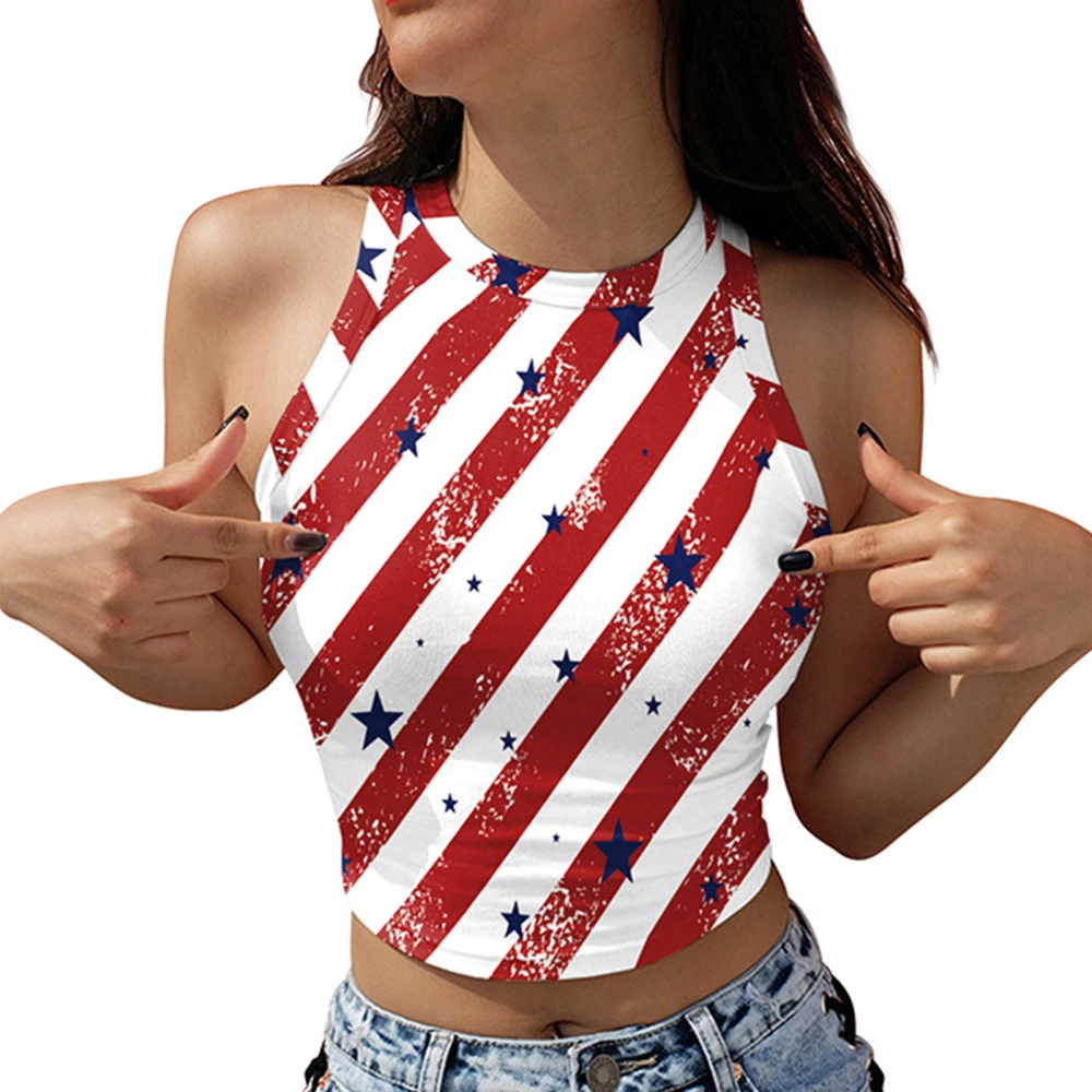 Independence Day Tank Tops, Star & Stripe Print Round Neck Crop Tops