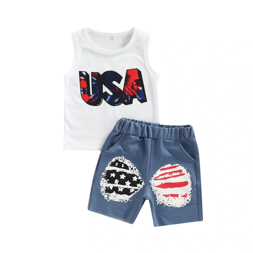 Baby Boys White Sleeveless Letter Print Vest + Blue Denim Shorts