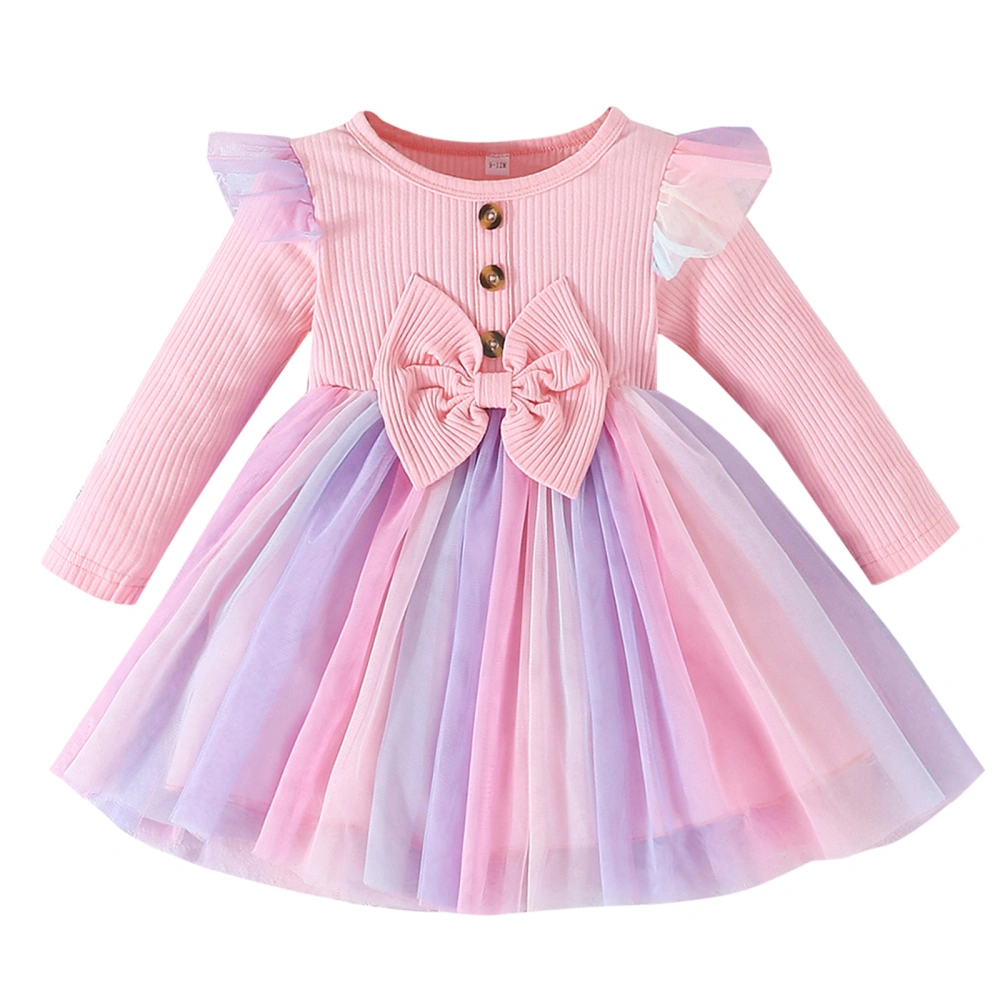 Toddler Long Sleeve Ruffle Tulle Patchwork Dress with Bow Decor