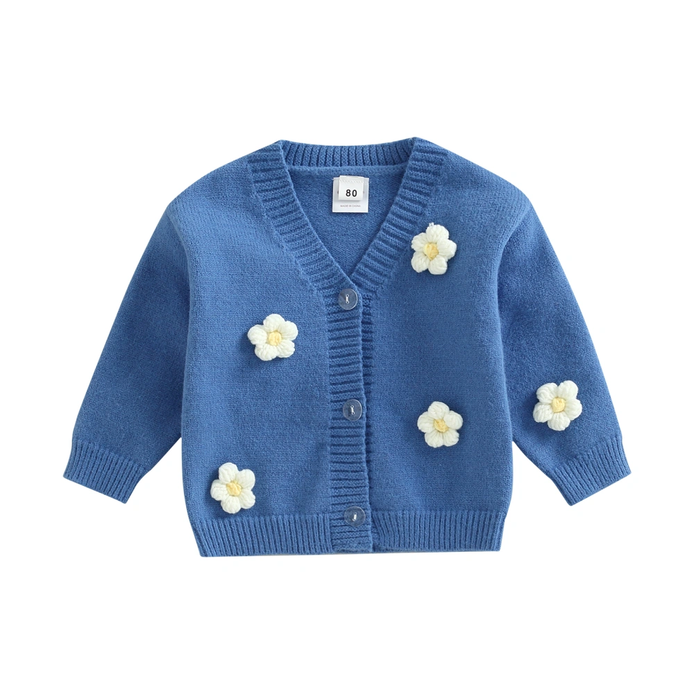 Girl Knitting Cardigan, 3D Flower V-Neck Long Sleeve Button Coat