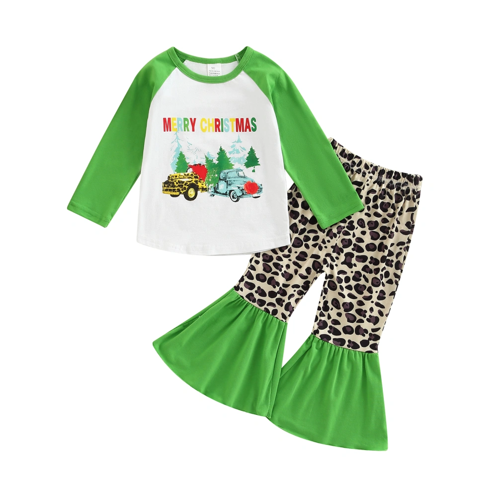 Girls Long Sleeve Car/Santa Claus Tops + Leopard Print Flared Pants