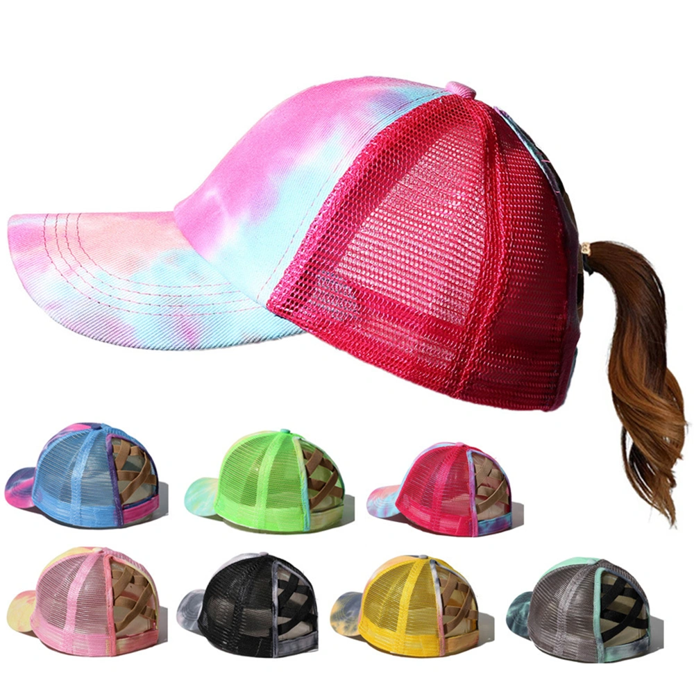 Woman Tie Dye Baseball Cap Mesh Hollow Horsetail Versatile Sunhat