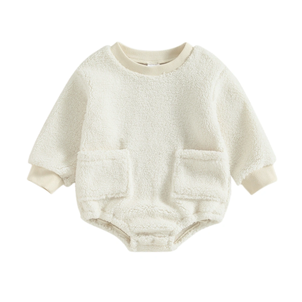 Baby Winter Romper Long Sleeve Round Neck Fleece Bodysuit with Pockets