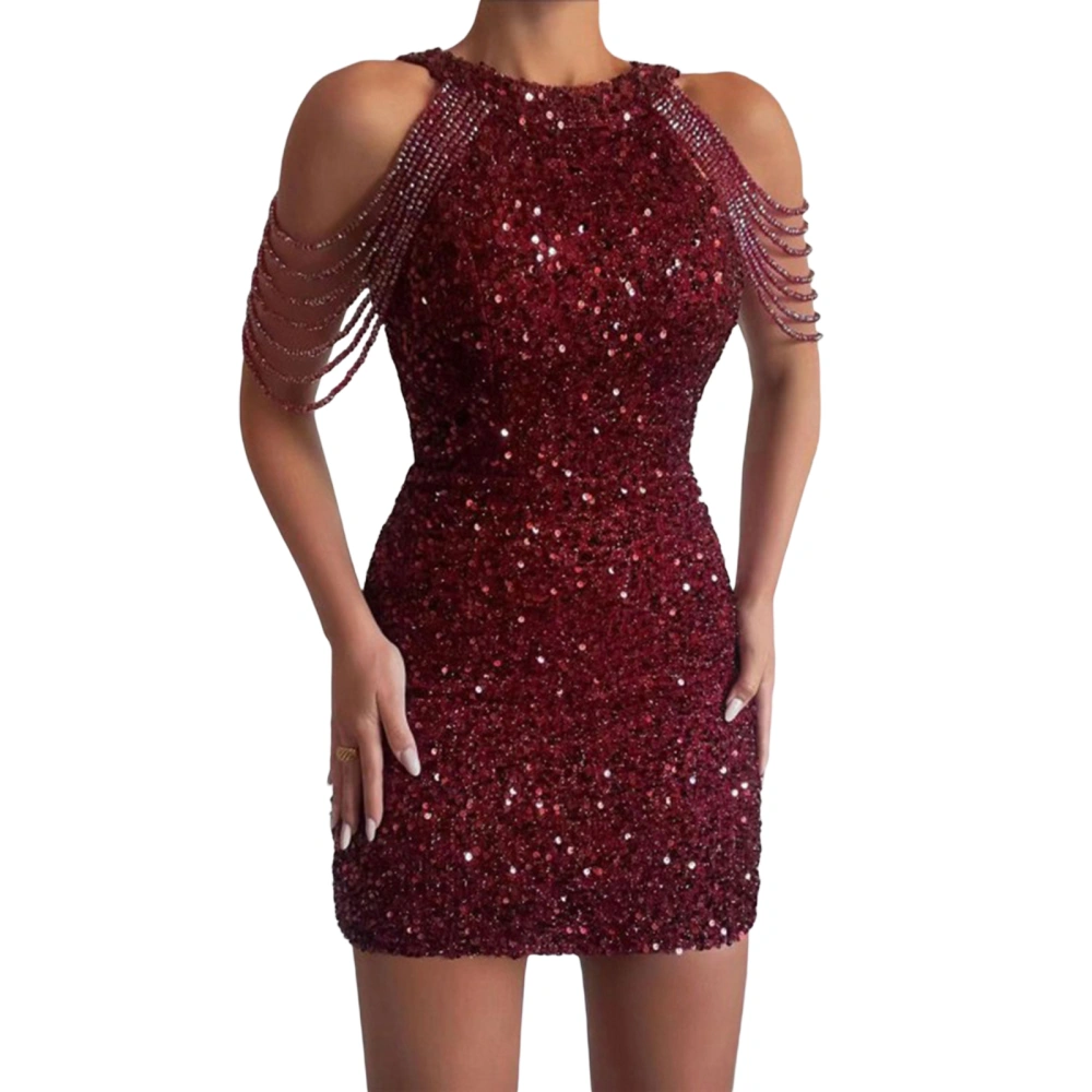 Women Bodycon Dress, Sleeveless Crew Neck Sequined Tasseled Mini Dress