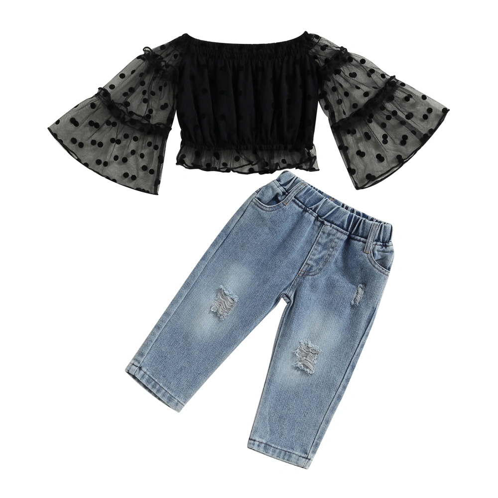 Baby Girl Fall Outfits Off Shoulder Dots Print Tops + Ripped Jeans