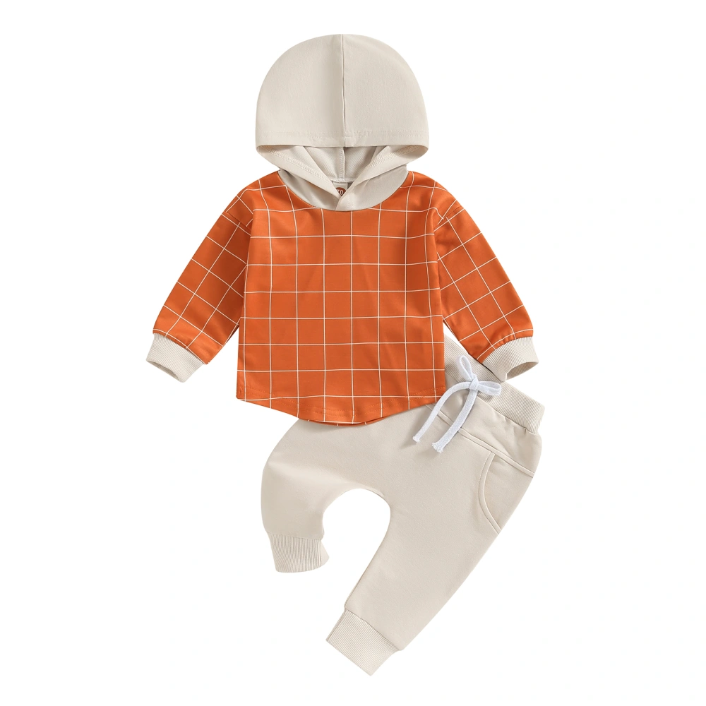 Boy Plaid Pattern Long Sleeve Hoodies Pants 2Pcs Thanksgiving Outfit