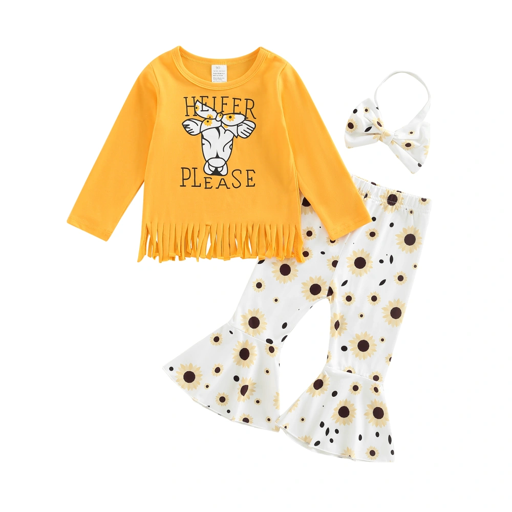 Girls 3 Pieces Outfits, Letter Cow Print Tops + Flare Pant + Headband