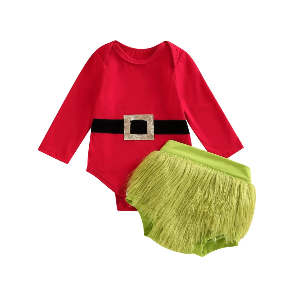 Baby Girls Christmas Romper Set, Patchwork Romper + Furry Shorts