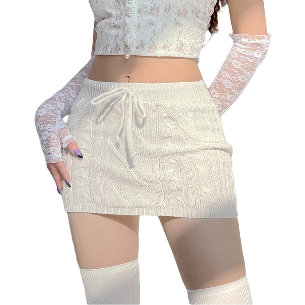 Women’s Solid Color Tie-up High Waist Knitted Skinny Short Skirt