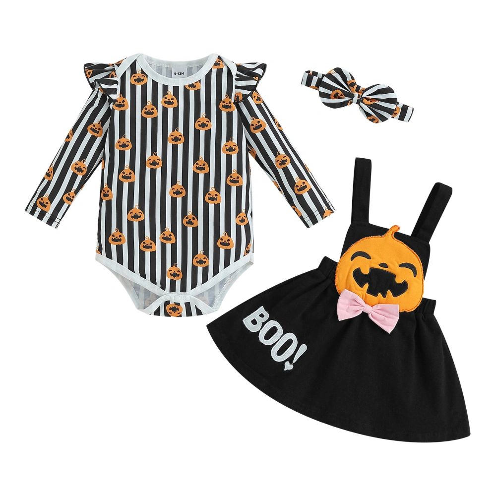 Baby Girls Cute Halloween Clothes Pumpkin Print Long Sleeves Romper and Suspender Skirt Headband Fall Outfit