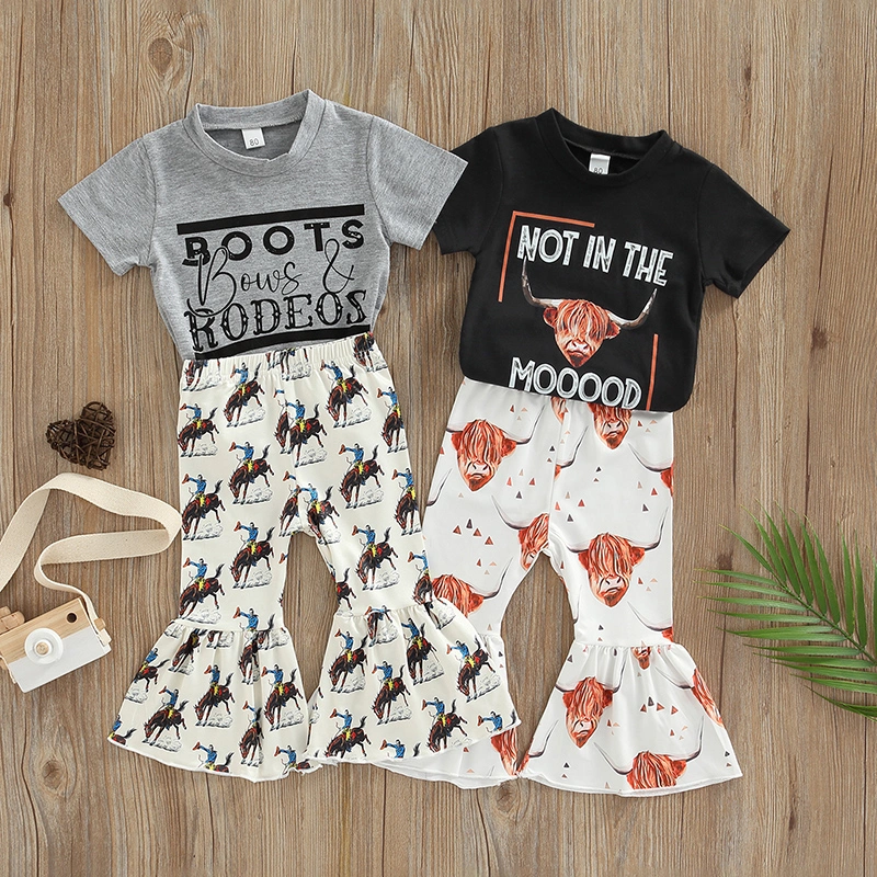 Kids Short Sleeve Tops + Flared Pants, Horse / Cow Letter Clothing