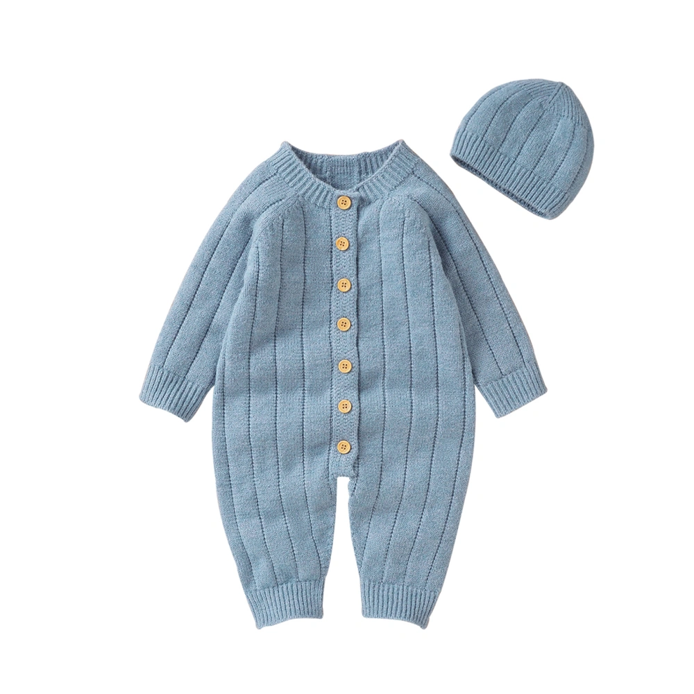 Infant Jumpsuit and Cap, Solid Color Single-breasted Knitted Romper