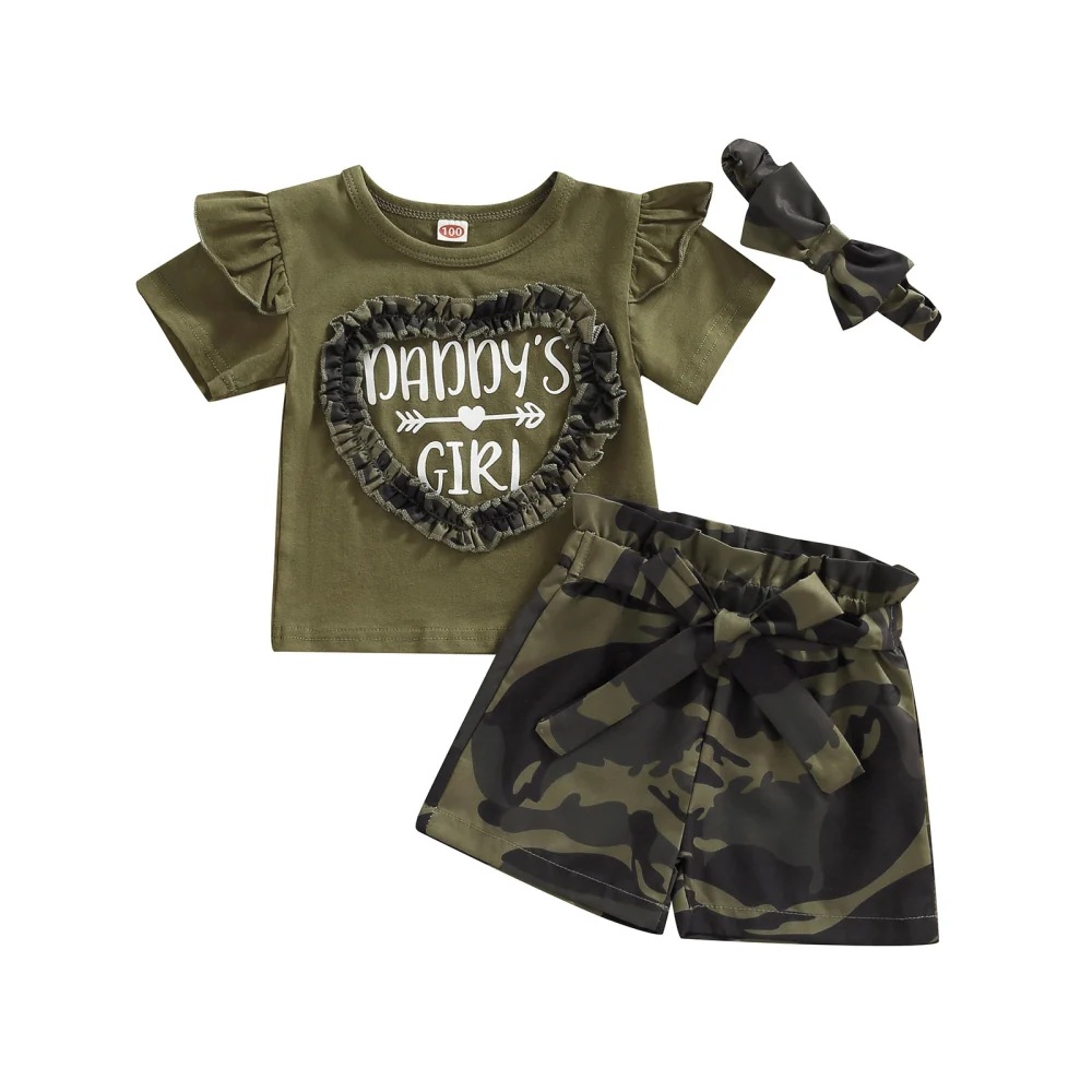 Girl 3Pcs Summer Outfits, Letter Tops + Camouflage Shorts + Headband