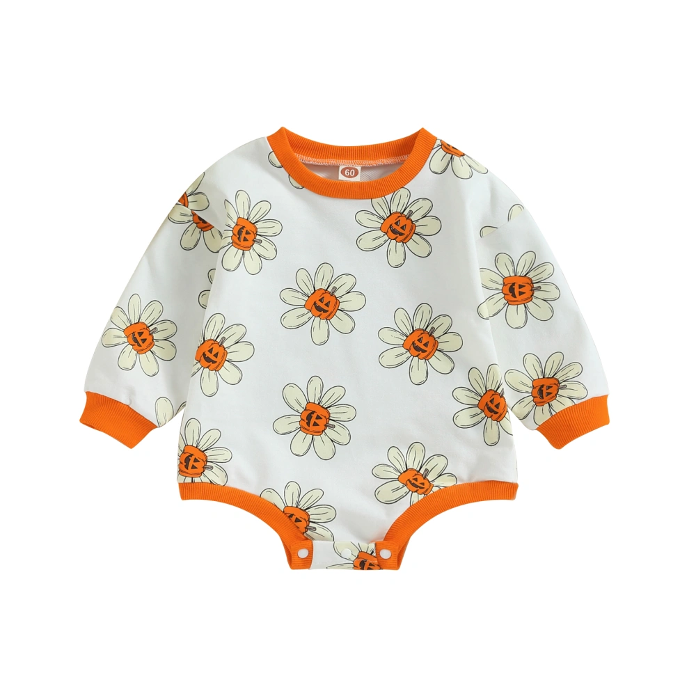 Halloween Baby Girls Romper, Long Sleeve Flower Pumpkin Print Bodysuit