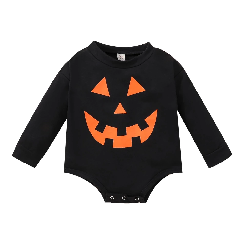 Baby Halloween Jumpsuit, Smiley Pumpkin Print Long Sleeve Romper