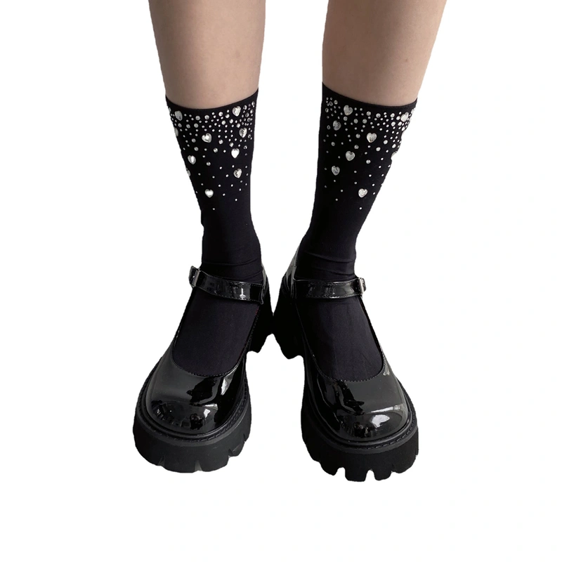 Women Japanese Style Long Socks Shinny Rhinestone Casual Tube Socks