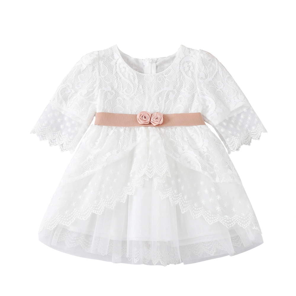 Girls Summer Dress, Mid Sleeve Lace O-Neck 3D Roses Layered Dress