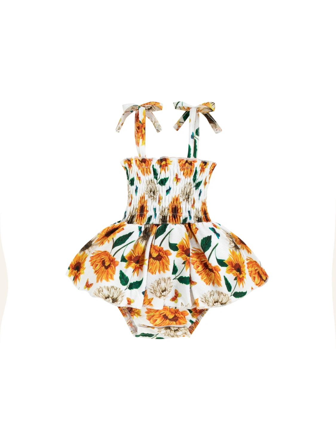 Baby Girls Romper, Sling Floral/Sunflower Ruched Dress-Like Romper