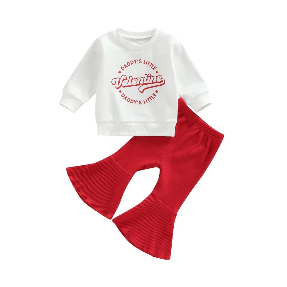 Girls Outfits Valentine's Day Letter Print Sweatshirt and Flare Pants