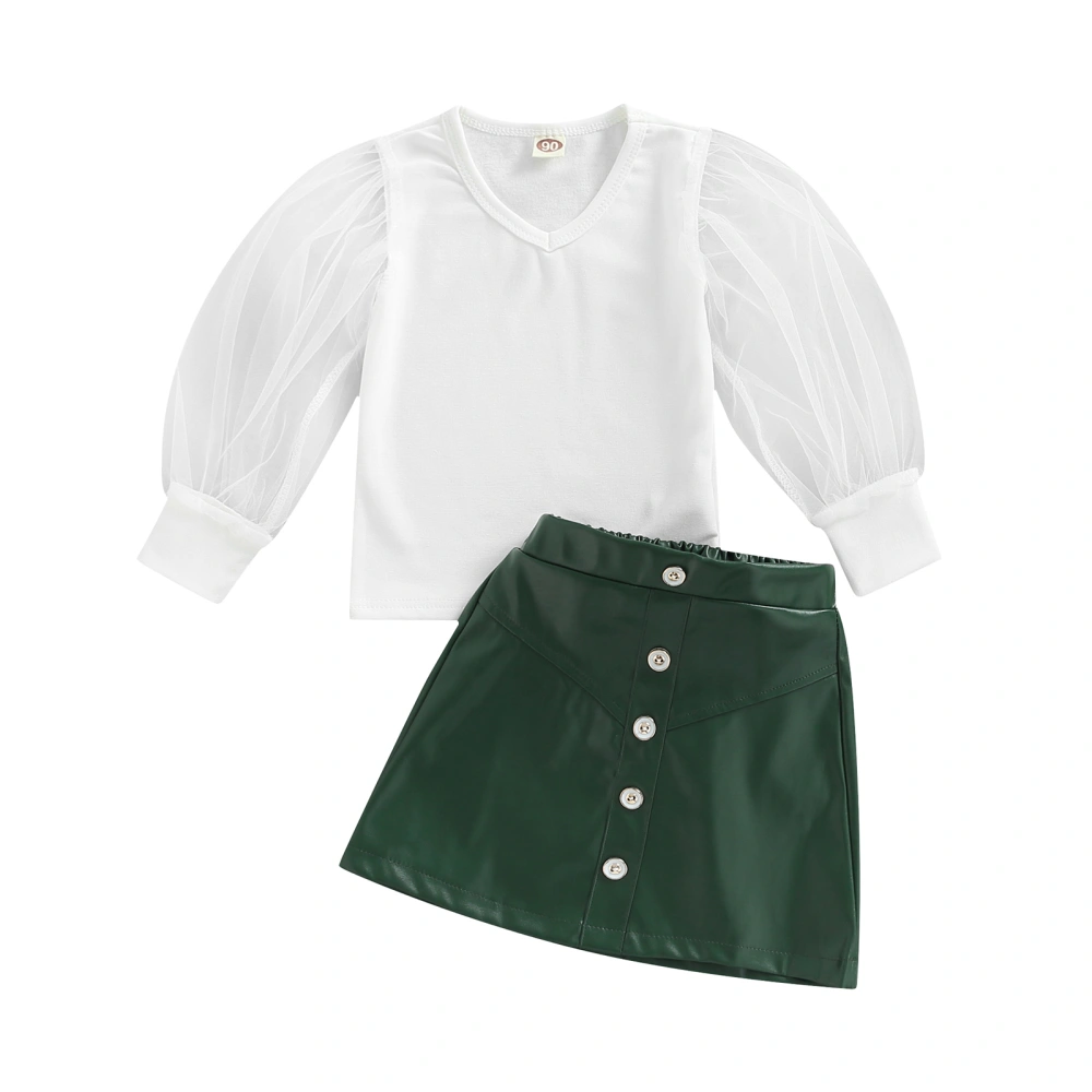 Girls Skirt Set, See-through Patchwork T-shirt with PU Leather Skirt