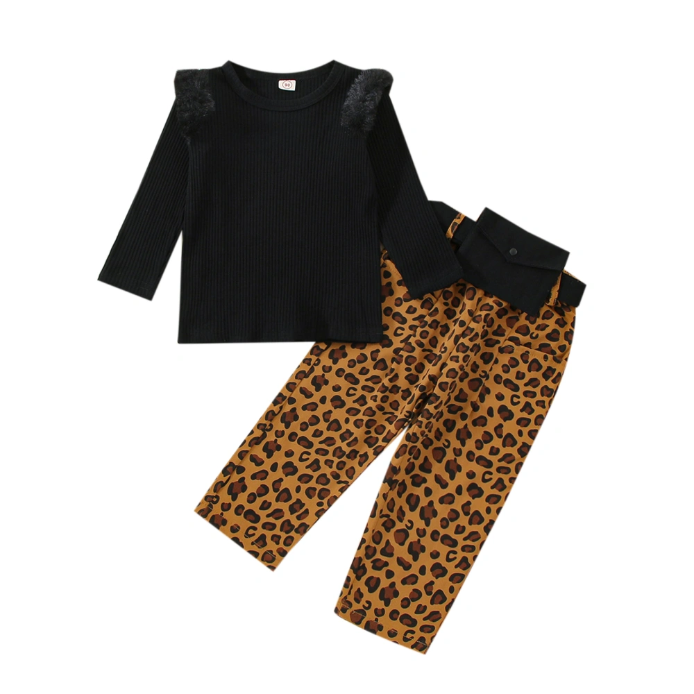 Girls Black Long Sleeve Tops + Leopard Print Pants with Waist Bag