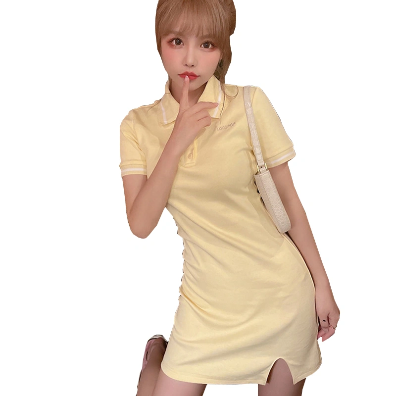 Women Letter Pattern Short Sleeve Turn-down Collar Slit A-line Dress