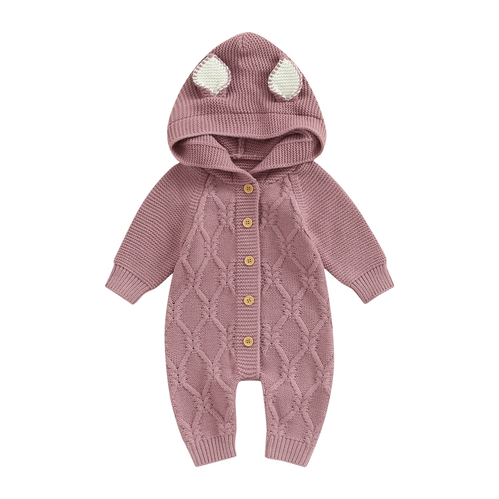 Baby Girls Knit Jumpsuit, Long Sleeve Rabbit Ears Hooded Fall Romper