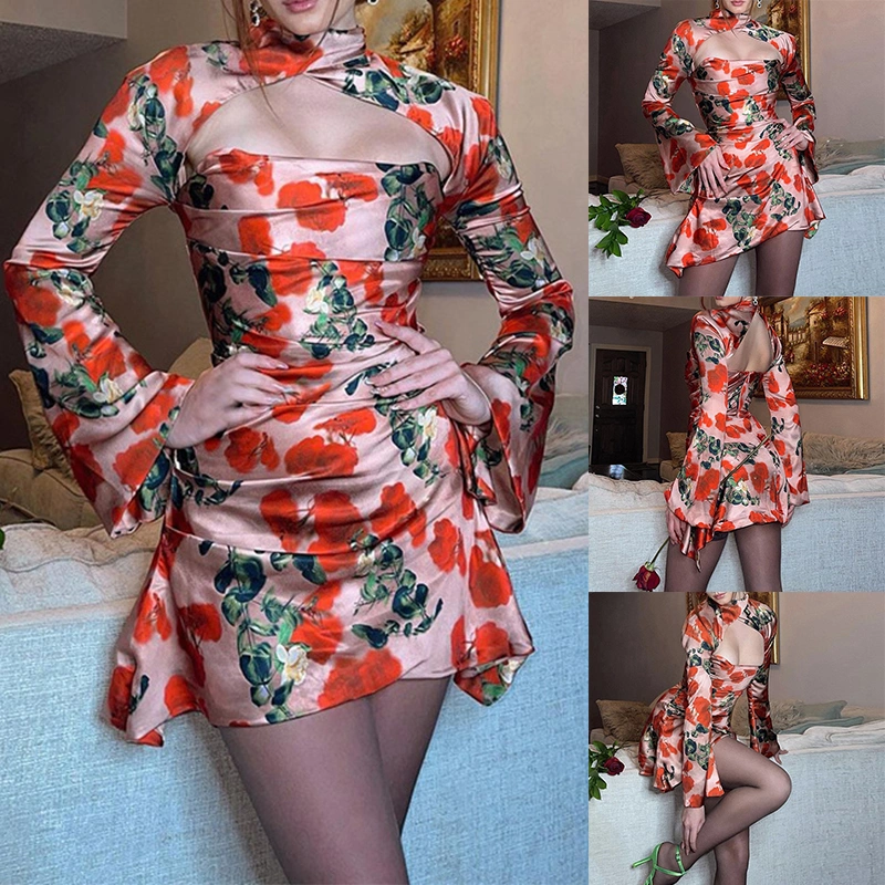 Women Bodycon Dress, Floral Print Hollow-Out Flared Sleeve One-Piece