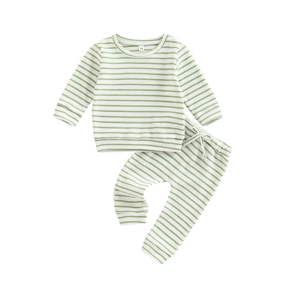 Baby 2Pcs Fall Outfits, Striped Print Waffle Knit Tops + Pants Set