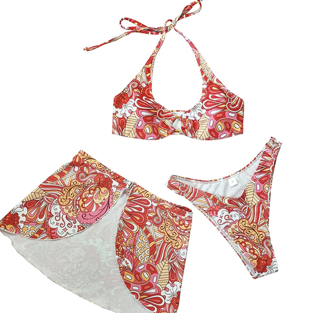 Women's Hanging Neck Bra + Low Waist Thong + Split Floral Skirt