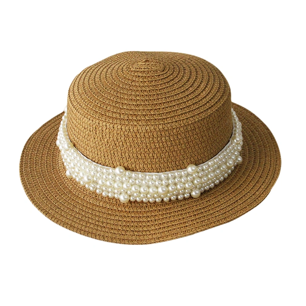 Girl Boater Straw Hat Seaside Beach Sun Flat Top Sun Caps with Pearl 