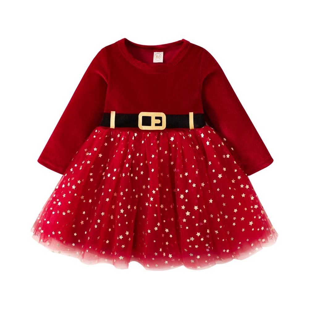 Girl Christmas Dress, Long Sleeve Round Neck Belt Print Tulle Dress