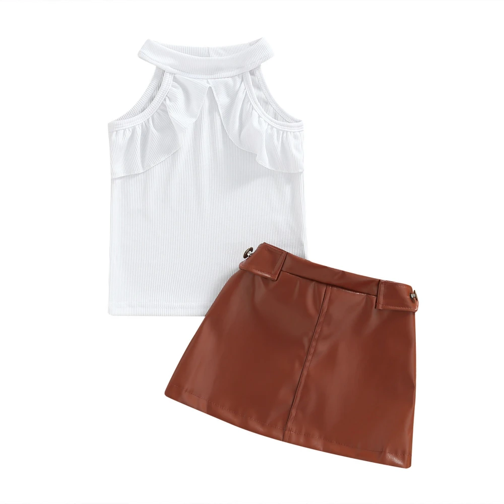 Girls Solid Color Round Neck Sleeveless Ribbed Tops+ Leather Skirt