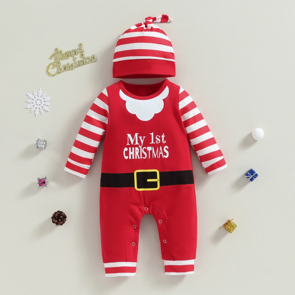 Baby Santa Costume Stripe & Letter Print Long Sleeve Romper + Hat