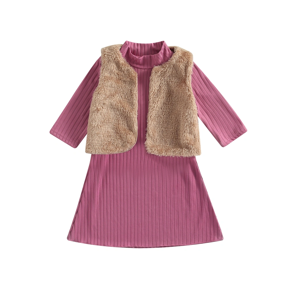 Girl Clothes Set Solid Color Ribbed Knit Dress with Faux Fur Vest Coat