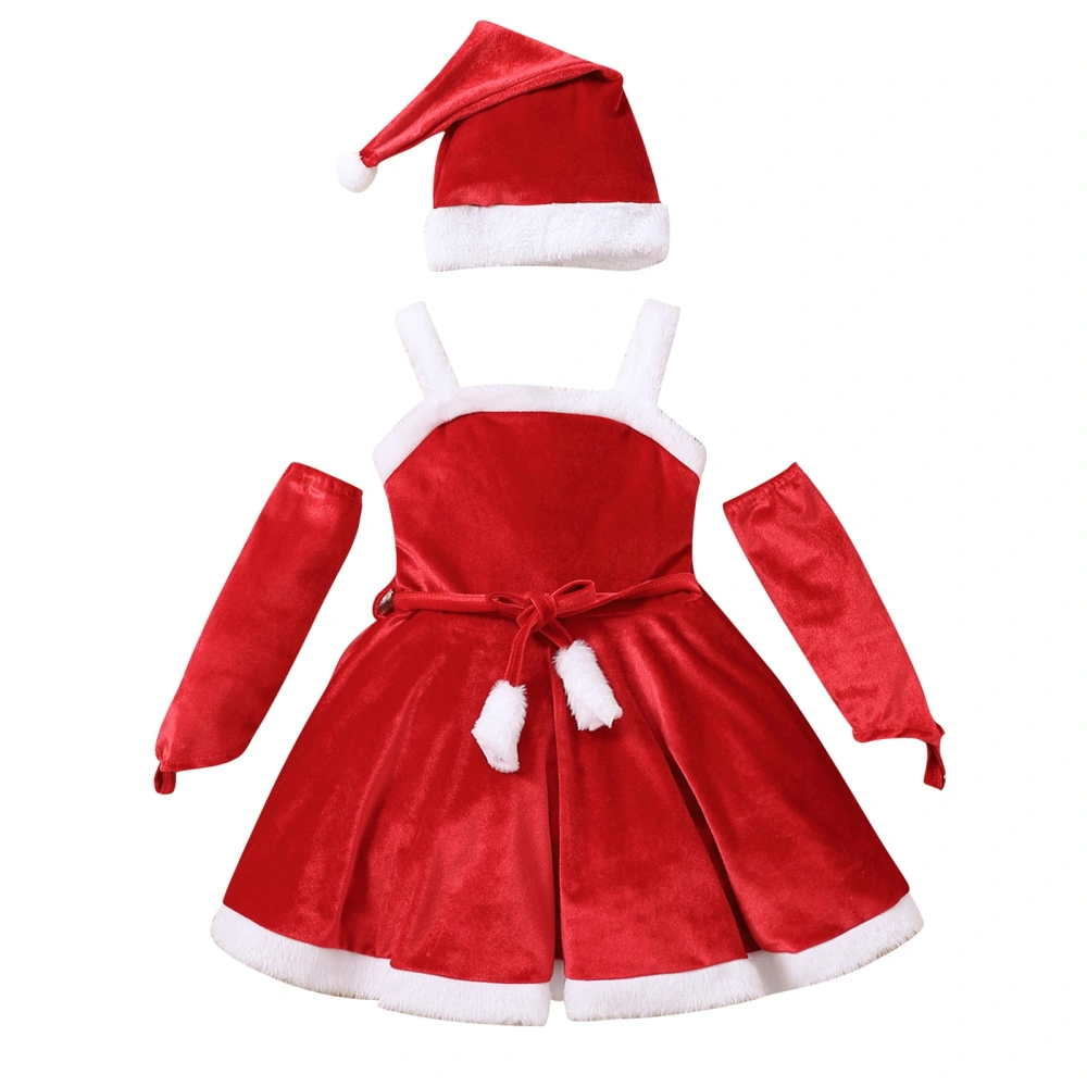 Girls Christmas Santa Costume, Sleeveless Belted Dress + Gloves + Hat