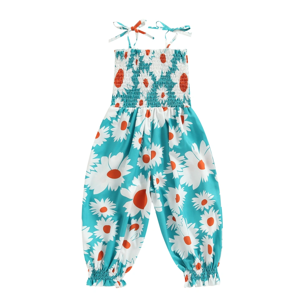 Summer Tie-up Smocked Flower/ Leaf Print Spaghetti Strap Jumpsuit