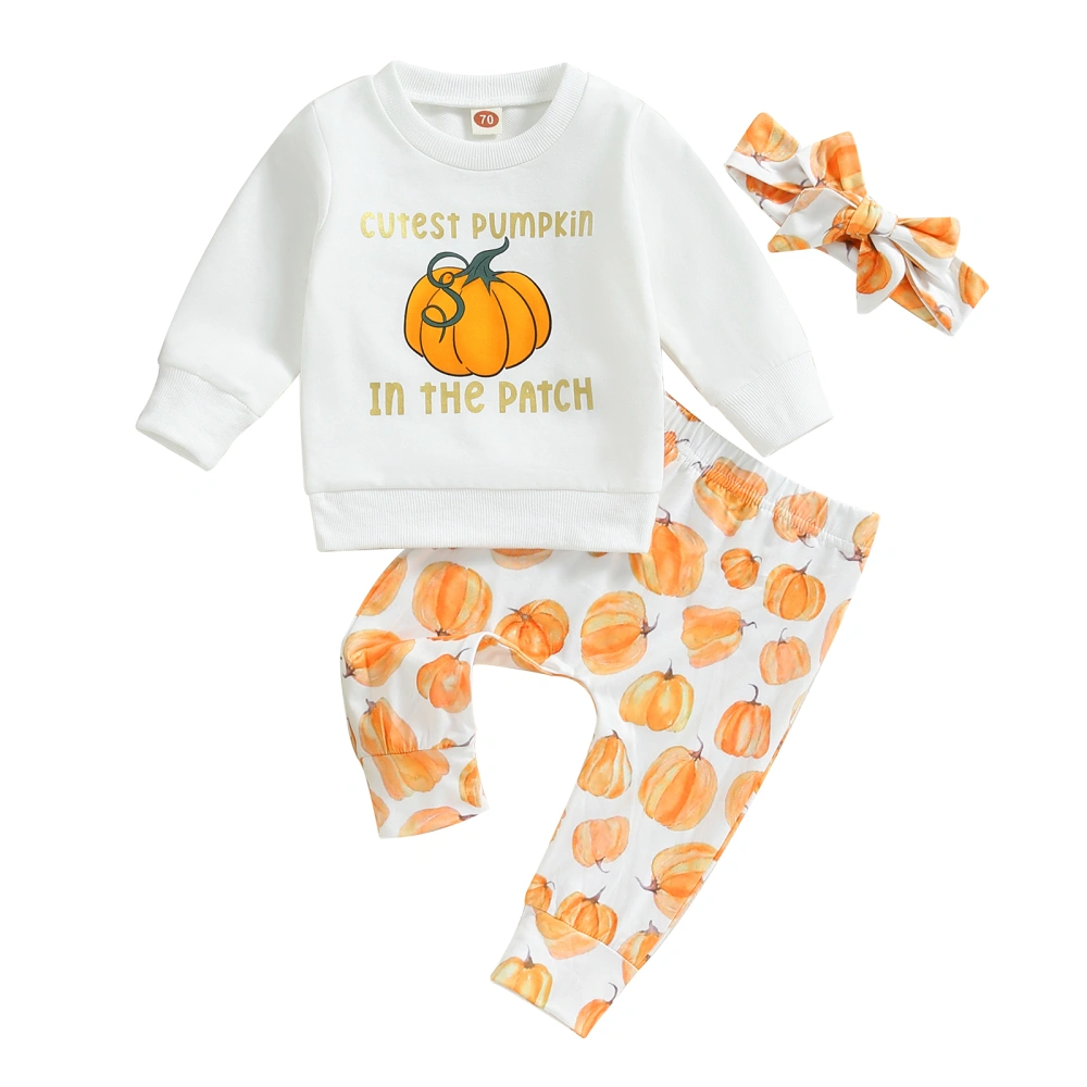 Girls Halloween Clothes Pumpkin Print Sweatshirts and Pants Headband