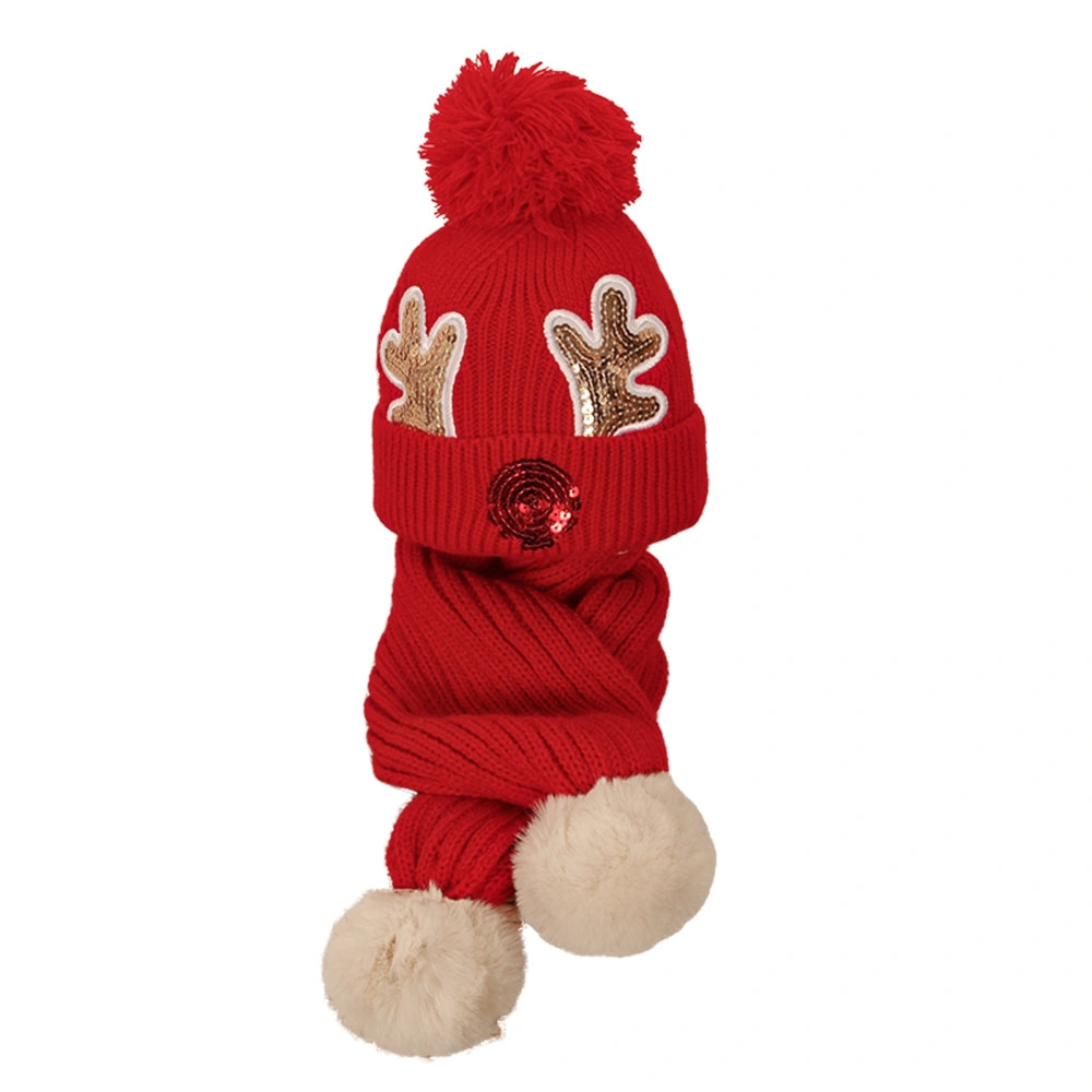 Toddler Christmas Antler Sequin Knitted Hat + Plush Ball Scarf