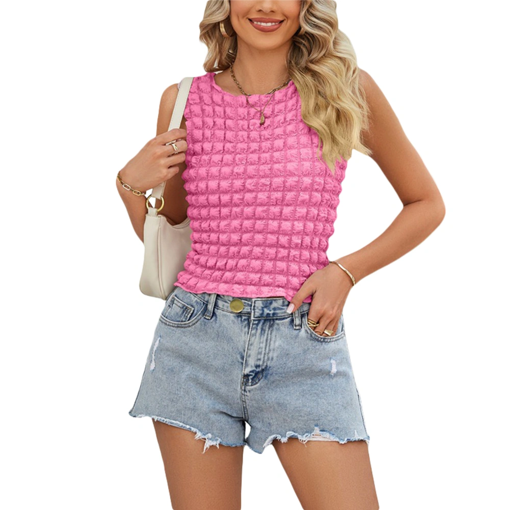 Women Summer Basic Tank Tops Solid Color Plaid Sleeveless Crop T-shirt