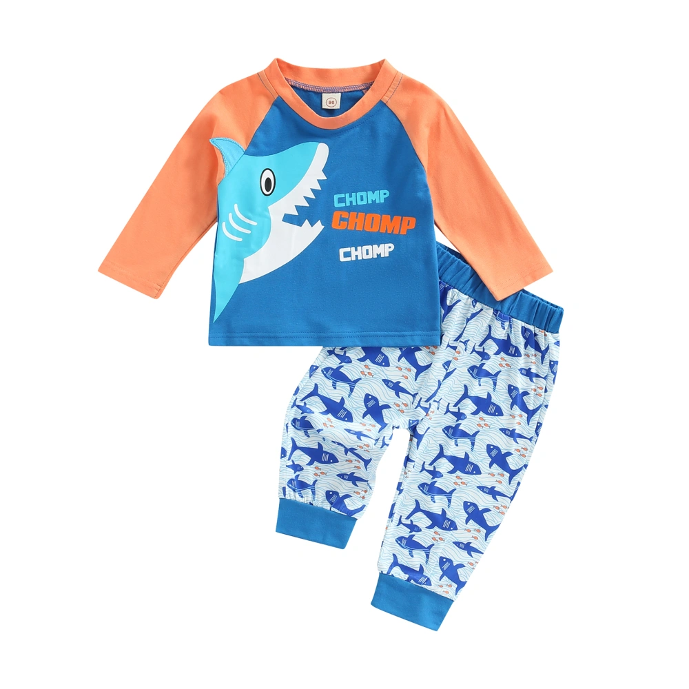 Boy 2Pcs Fall Outfits, Long Sleeve Shark Letter Print Tops + Pants Set