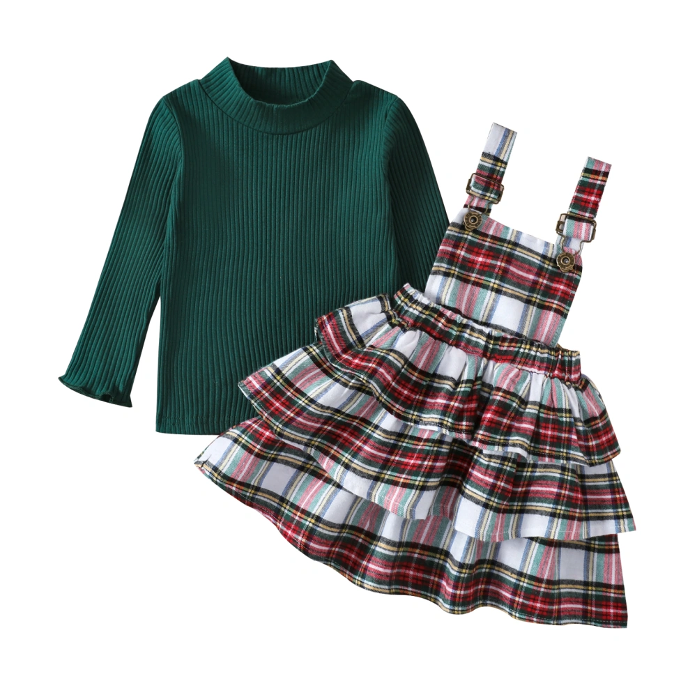 Kids High Neck Loose Tops + Plaid Ruffle Suspender Dress, Green 