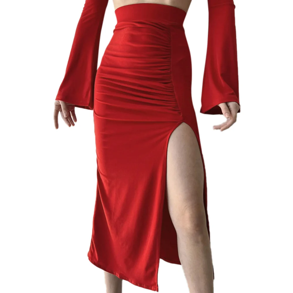 Women Ruched Long Skirt, Slim-fit High Waisted Solid Color Slit Skirt