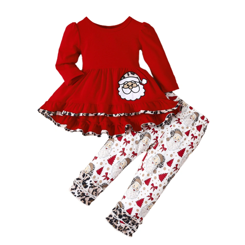 Toddler Girl Long Sleeve Round Neck A-Line Tops + Santa Print Pants