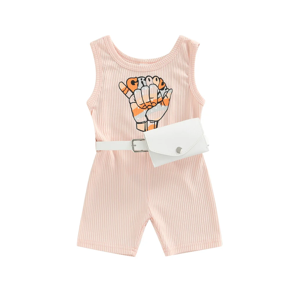 Girls 2Pcs Summer Outfits, Sleeveless Letter Jumpsuit + Waist Bag Set