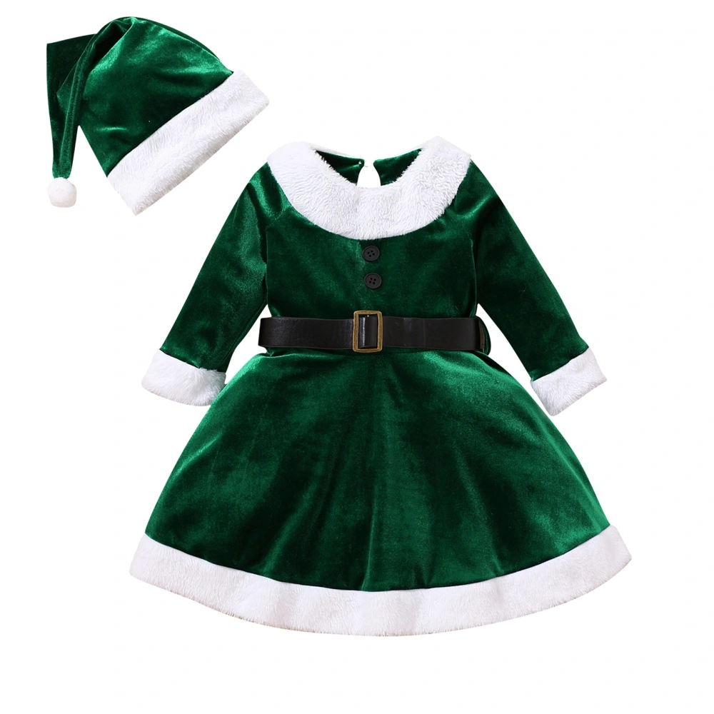 Girls Long Sleeve Plush Patchwork Dress with Belt + Christmas Hat