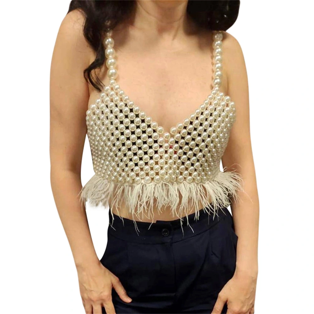 Women's Pearl Body Chain Bra, Sleeveless Fur Trim Crop Cami Tops