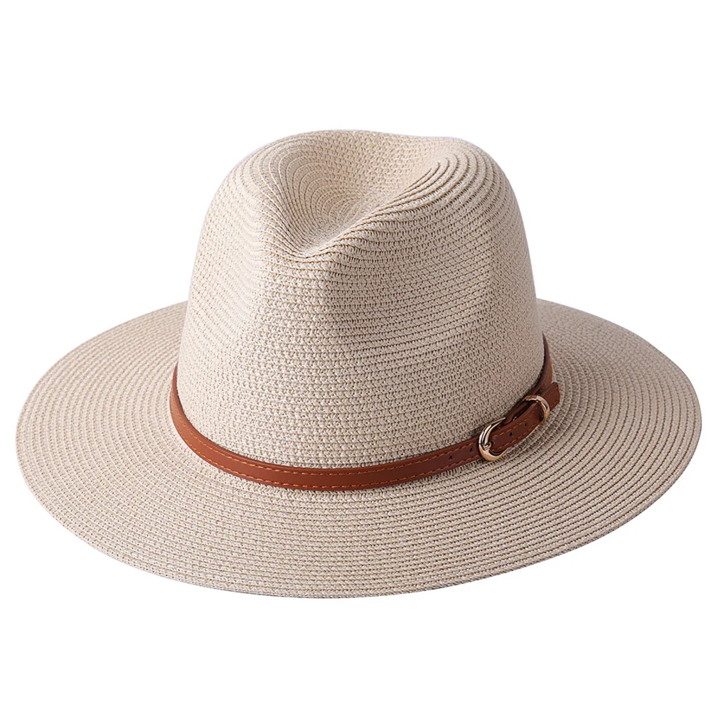 Men Women Fedora Hat, Wide Brim Straw Beach Hat with Leather Belt